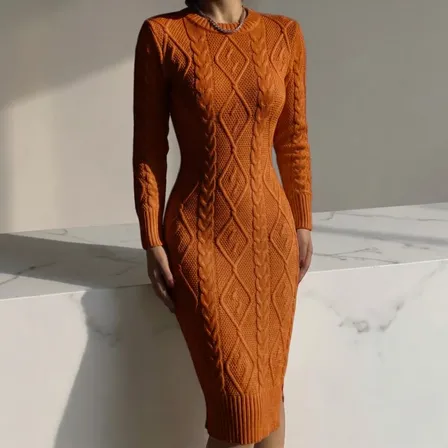 Vestido Tricô Longo Trança Fenda Inverno Manga Longa Tricot