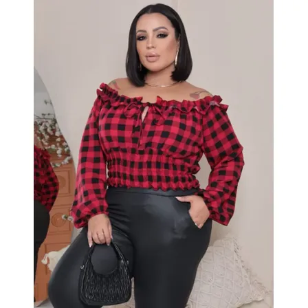 Cropped Xadrez Plus Size Feminino Manga Longa Festa Junina