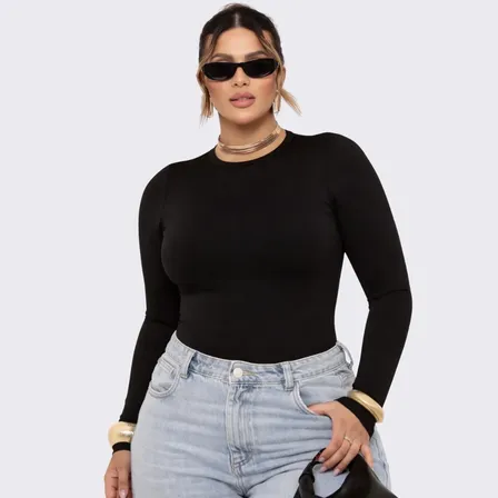 Blusa Suplex Feminina Plus Size Manga Longa Básica Elegante
