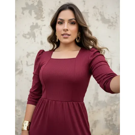 Vestido Midi Canelado Meia Manga Samara