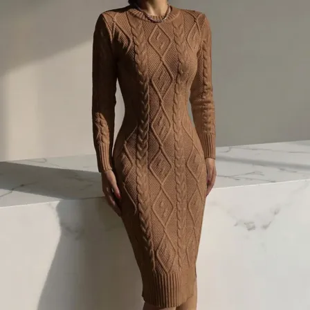 Vestido Tricô Longo Trança Fenda Inverno Manga Longa Tricot