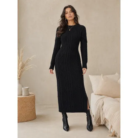 Vestido Tricô Trança Tripla Fenda Manga Longa Lã Midi
