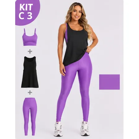 Kit 3 Peça Fitness Roupa Academia Legging + Cropped + Regata