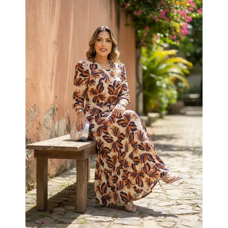 Vestido Longo Feminino Evangélico Com Faixa Meia Manga