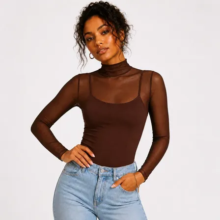 Body Blusa Tule Feminina Manga Longa Gola Alta Transparente