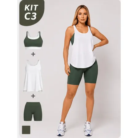 Kit Conjunto Bicolor Feminino Bermuda Top + Regata Academia