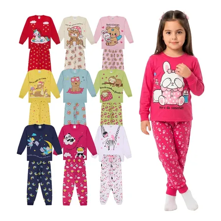 Kit 2 Pijama Infantil Menina Inverno Manga Longa 1 A 10 Anos