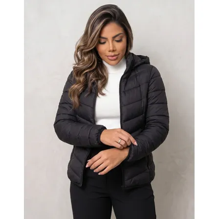 Jaqueta Feminina Puffer Impermeável Capuz Inverno Frio Preto G3 (52-54)