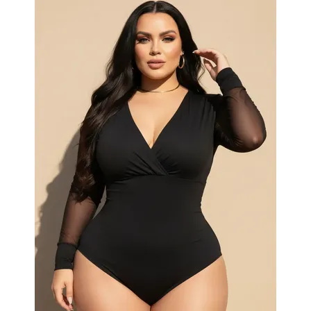 Blusa Body Cruzado Transpassado Plus Size Manga Tule Bufante