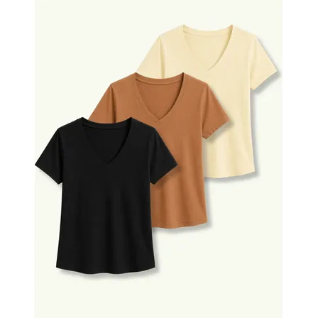 Kit 3 Blusas Femininas Gola V Básicas Confortáveis