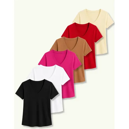 Kit 6 Blusas Femininas Gola V Básicas Manga Curta