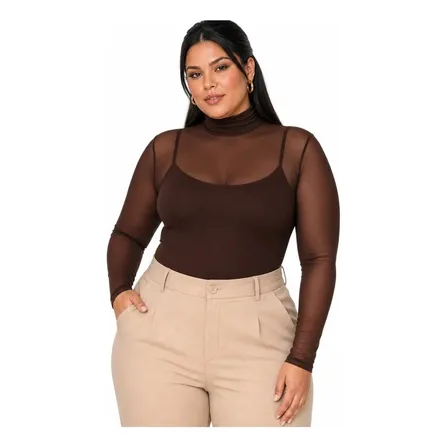 Bory Tule Blusa Plus Size Gola Alta Manga Longa Chic Grande Marrom Lisa G2