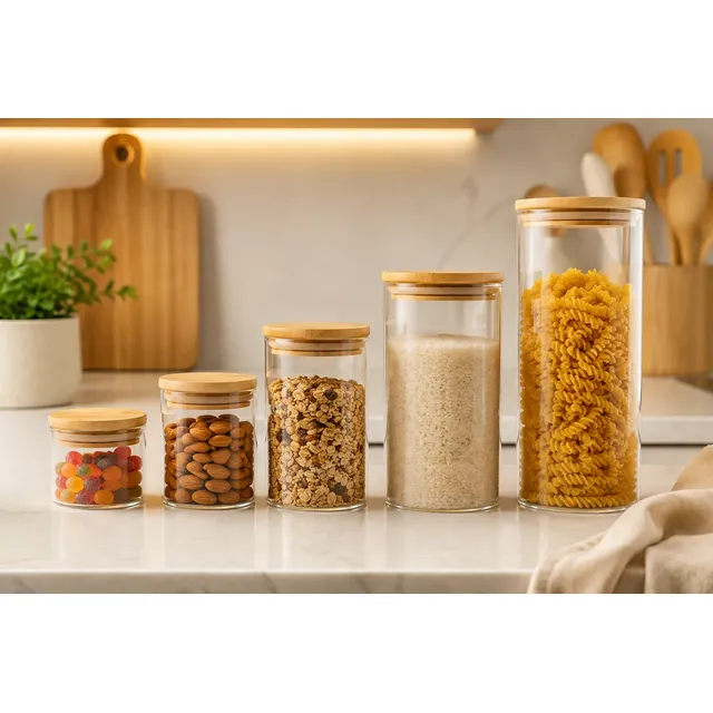 Kit 5 Pote Vidro Hermético Tampa De Bambu Cozinha Mantimento