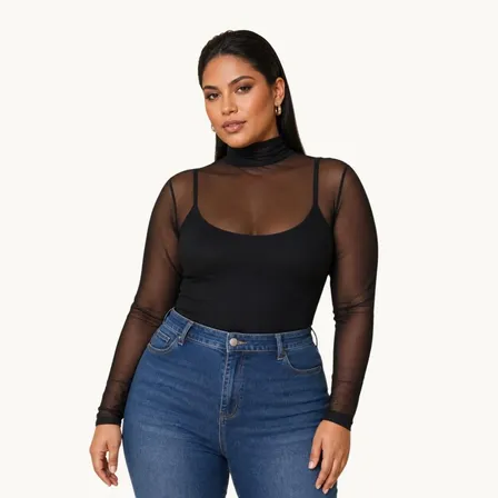 Bory Tule Blusa Plus Size Gola Alta Manga Longa Chic Grande