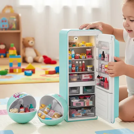 Kit Mini Geladeira Infantil Com 2 Cápsulas Surpresa Luz Led