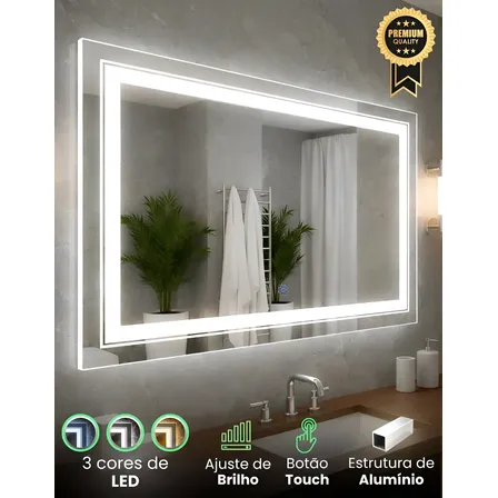 Espelho Com Iluminação 100 X 60 Led Touch Ajustável Parede