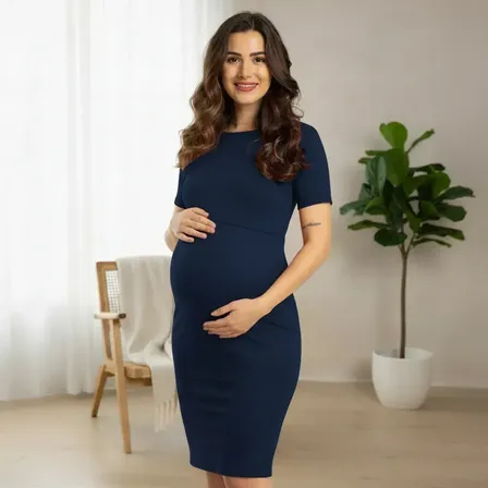 Vestido Amamentação Manga Curta Malha Canelada Plus Size
