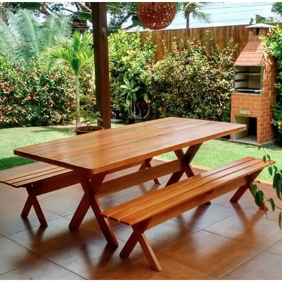 Conjunto Mesa Rústica Com Bancos Madeira Churrasco 2,00m