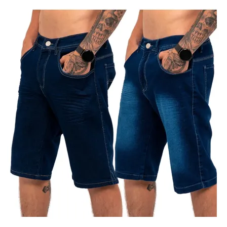 Kit 2 Bermudas Jeans Masculina Lycra Elastano