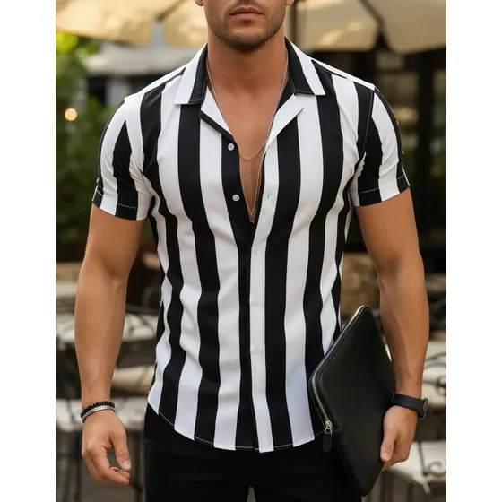 Camisa Masculina Listrada Preta E Branca Manga Curta Slim