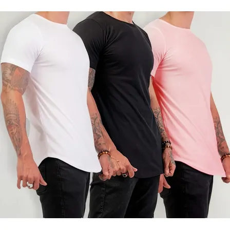 3 Camisas Masculina Long Line Lisa Sem Estampa Slim Fit