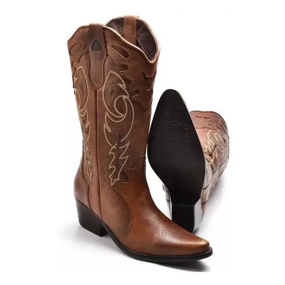Bota Country Texana Feminina Montaria Couro Bico Fino Couro