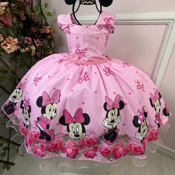 Vestido Minnie Rosa 1 Ao 12 E Faixa E Tiara Promoção