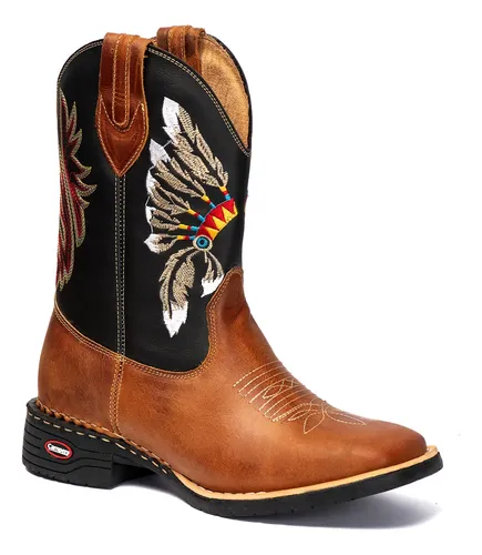 Bota Texana Country Masculina Bico Quadrado Bordado Índio