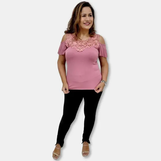 Blusa Bata De Malha Ciganinha Viscolycra Com Renda No Decote