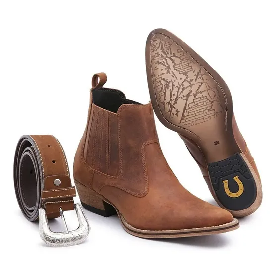 Kit Bota Texana Couro Bico Fino Feminina + Cinto Country