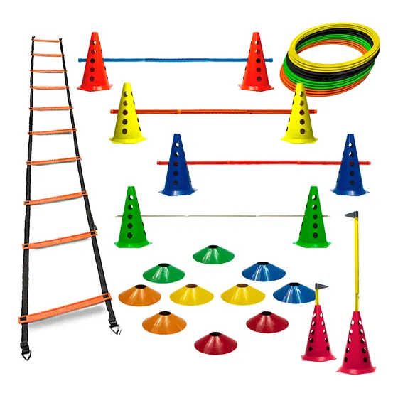 10 Cones Com 5 Barreiras + 10 Pratos Agilidade + 12 Argolas Com Bolsa + Escada Rígida Funcional
