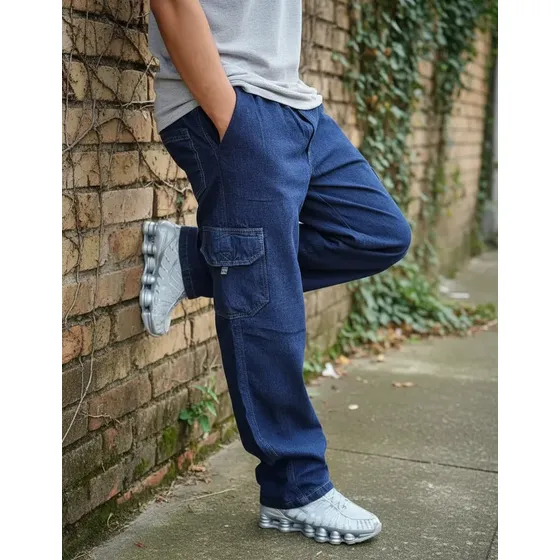 Calça Masculina Plus Size Jeans Cargo Cós Elástico Grande