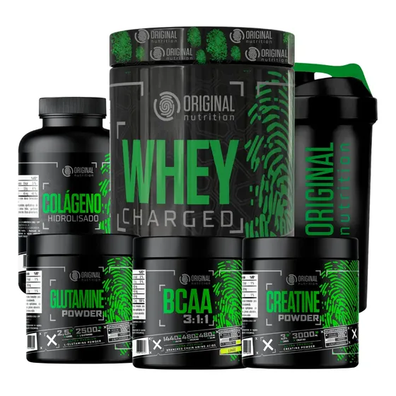 Kit Whey Charged + Bcaa + Crea + Gluta + Colágeno + Shaker