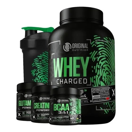 Kit Whey Charged On + Bcaa + Glutamina + Creatina + Shaker