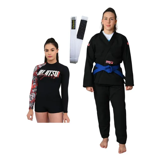 Kimono Jiu Jitsu Feminino Trançado + Body + Faixa