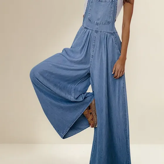 Macacão Feminino Calça Sólida Oversize Jeans Bolsos Emendand