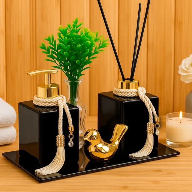 Kit Lavabo Luxo C/ Vasinho Porta Saboneteira E Aromatizador