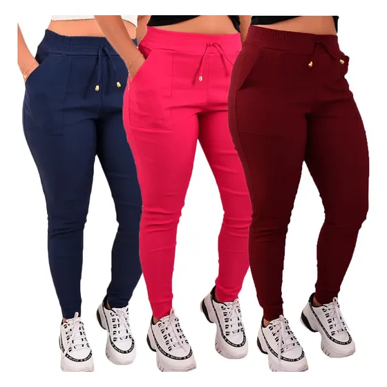 Kit 3 Calças Feminina Jogger Bengaline Cintura Alta
