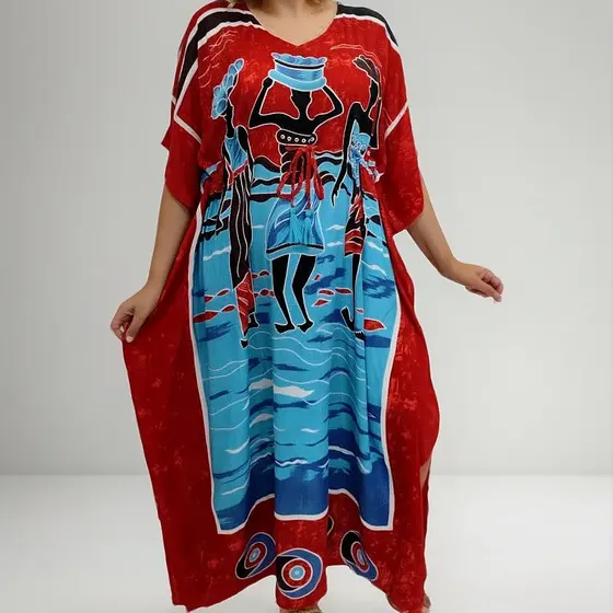 Vestido Longo Indiano Kaftan Viscose Estampa Africana Plus
