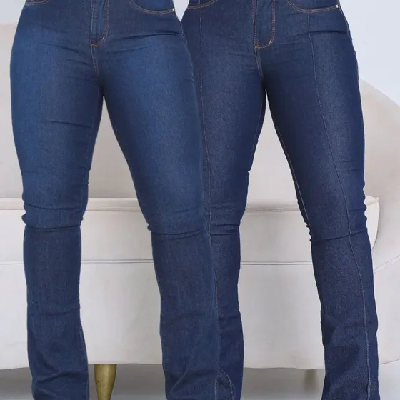 Kit 2 Calça Jeans Feminina Flare Cintura Alta Boca De Sino