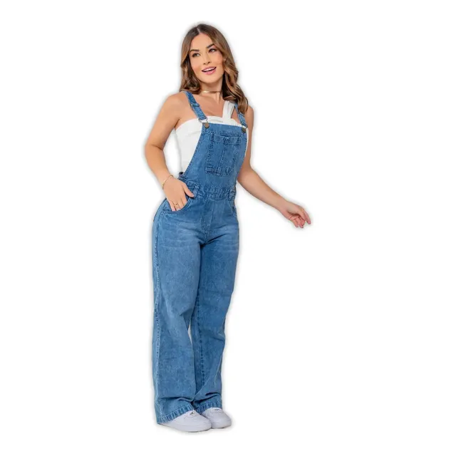 Jardineira Jeans Slim Com Elastano Cintura Alta Na Promoção