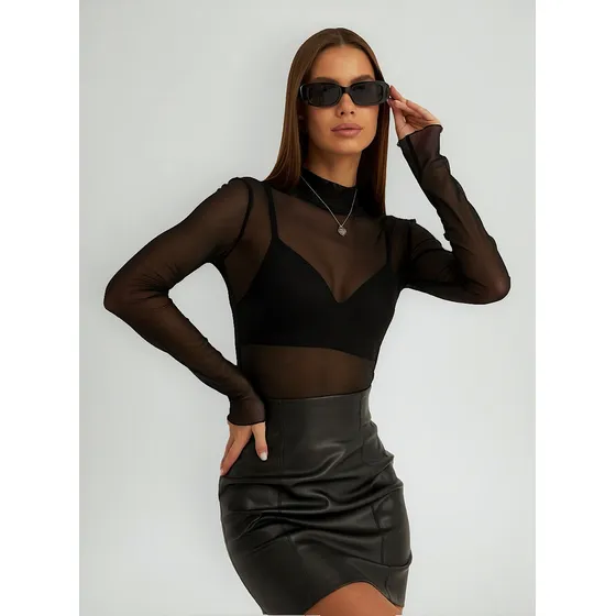 Blusa Tule Transparente Feminina Segunda Pele Manga Longa