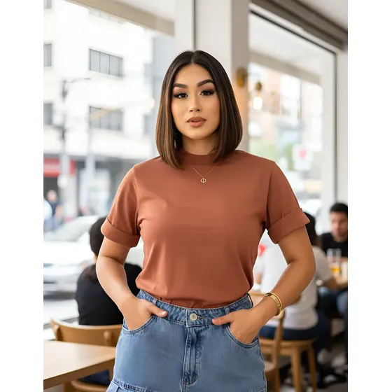 Blusa Feminina T-shirt Camiseta Gola Alta Algodão Premium