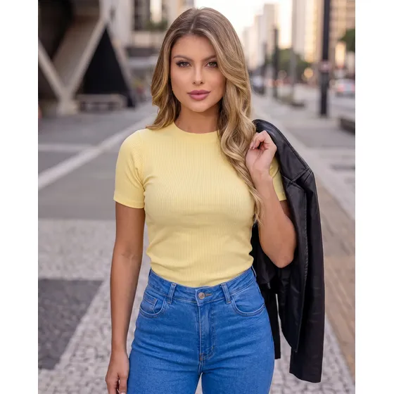 Camiseta Feminina Canelada Baby Tee Manga Curta M Ao Gg