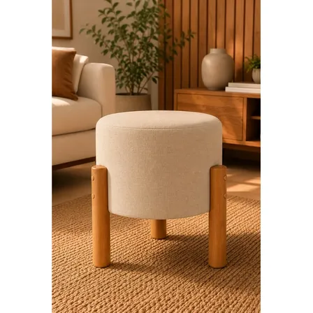Puff Banqueta Decorativa Linho Pés Madeira Envio Imediato