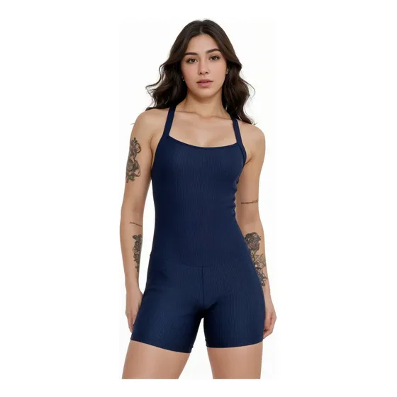 Macaquinho Feminino Fitness Curto Academia Canelado Liso