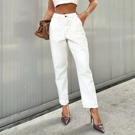 Calça Mom Feminina Jeans Cintura Alta Bolsos Elegante Reta