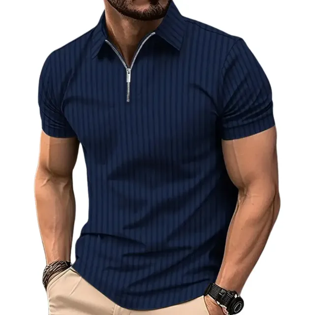 Camiseta Polo Manga Curta Com Ziper Masculina Malha Canelada