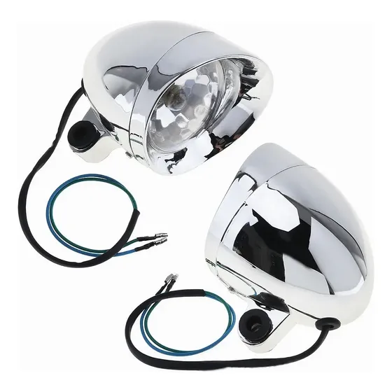 Farol Cromado Moto Custom Cafe Racer Com Lâmpada E Chicote