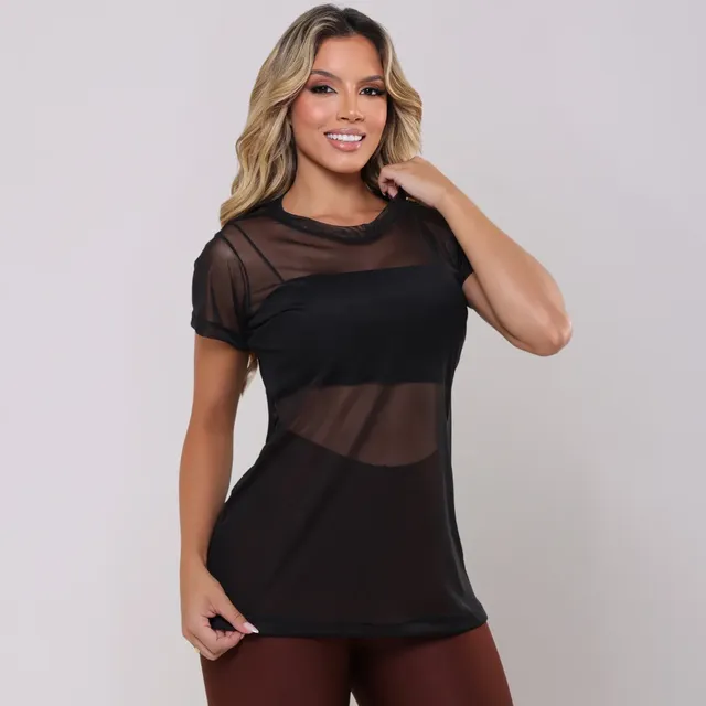 Blusa Feminina Moda Academia Transparente Fitness Tule Luxo